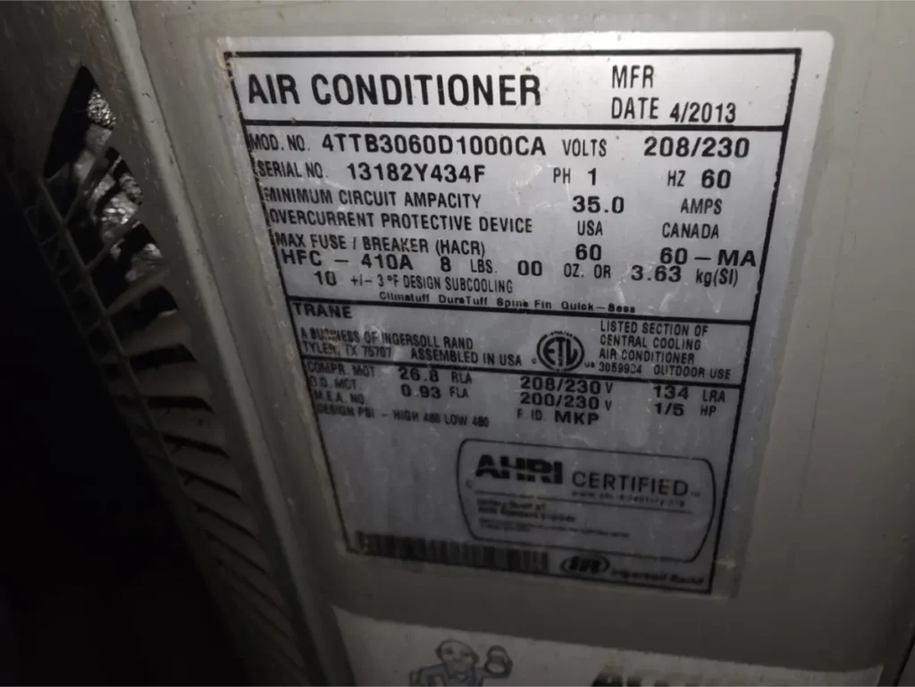 ameplate of the failed 2013 Trane AC condenser